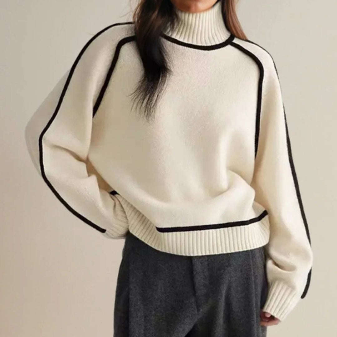 Damen Strickpullover Rollkragen langen Ärmeln kontrastierenden Biesen