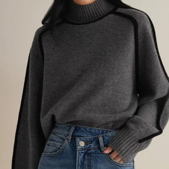 Damen Strickpullover Rollkragen langen Ärmeln kontrastierenden Biesen - Grau