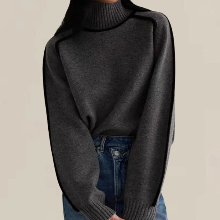 Damen Strickpullover Rollkragen langen Ärmeln kontrastierenden Biesen