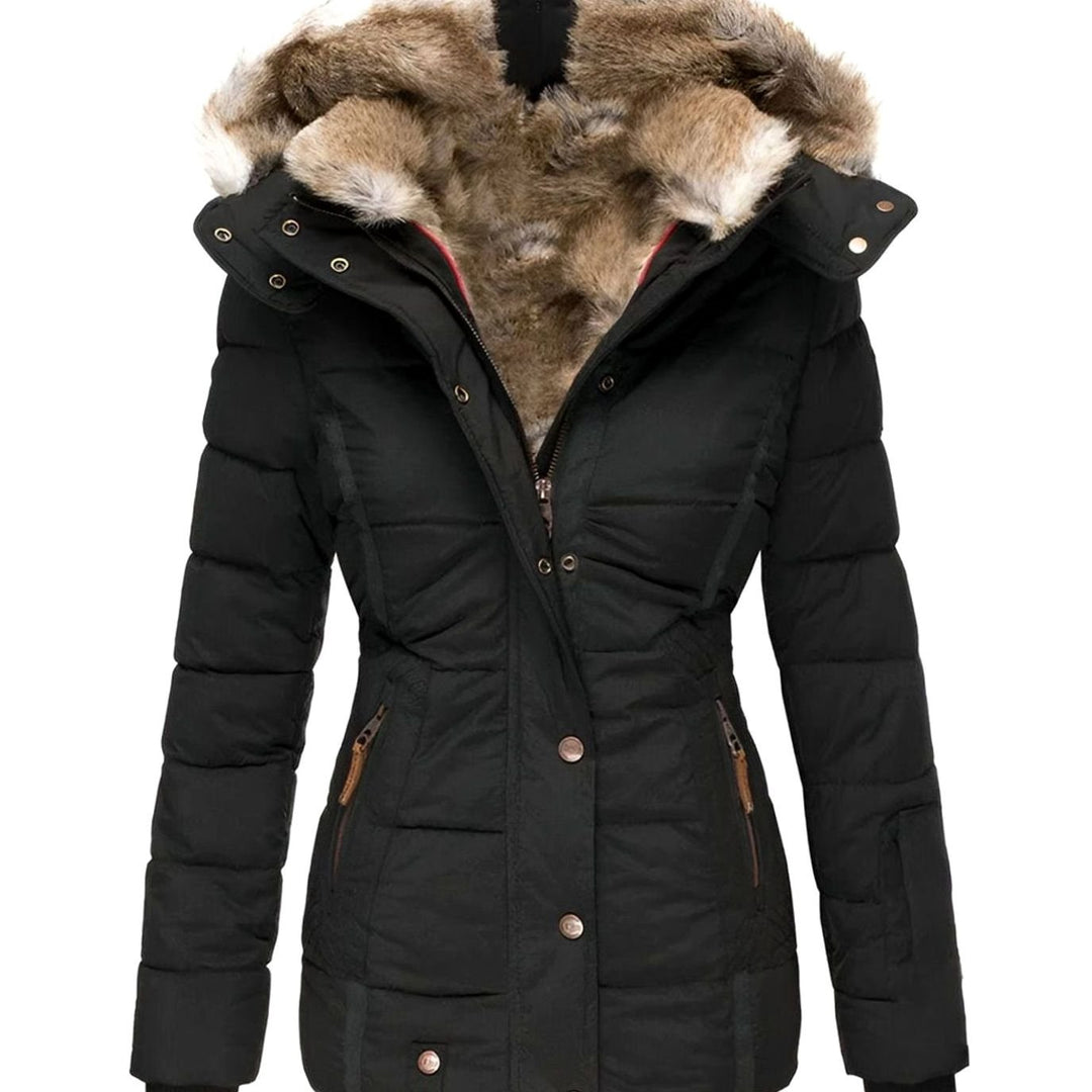 Damen Taillierte Steppjacke mit Kapuze Kunstfellkragen - Schwarz