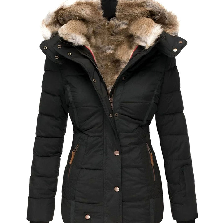 Damen Taillierte Steppjacke mit Kapuze Kunstfellkragen - Schwarz