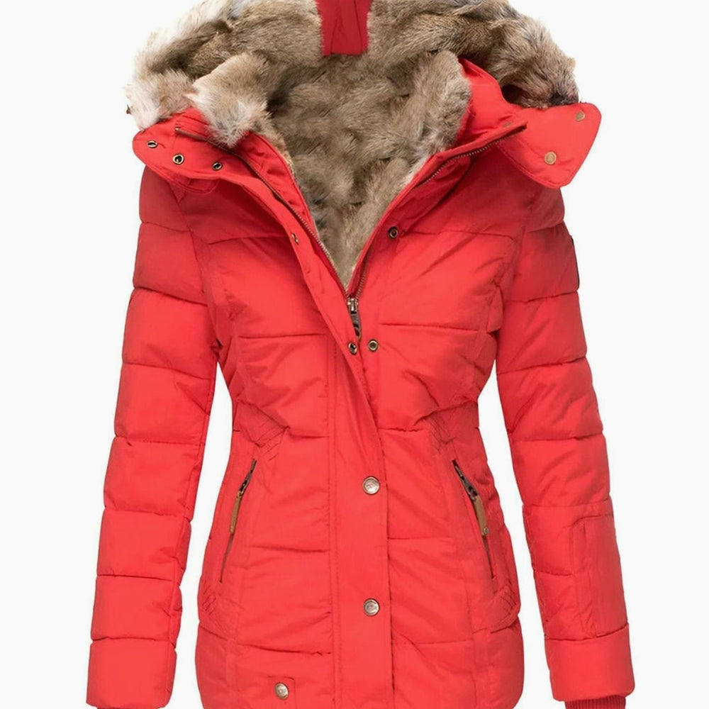 Damen Taillierte Steppjacke mit Kapuze Kunstfellkragen - Rot