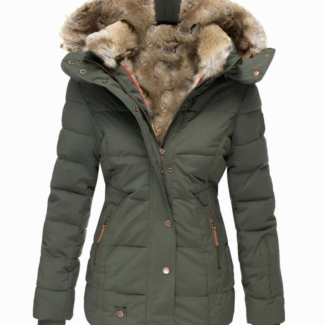 Damen Taillierte Steppjacke mit Kapuze Kunstfellkragen - Grün