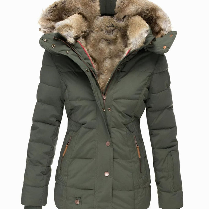 Damen Taillierte Steppjacke mit Kapuze Kunstfellkragen - Grün