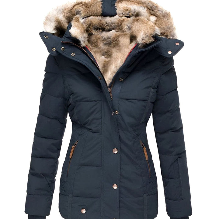Damen Taillierte Steppjacke mit Kapuze Kunstfellkragen - Marineblau