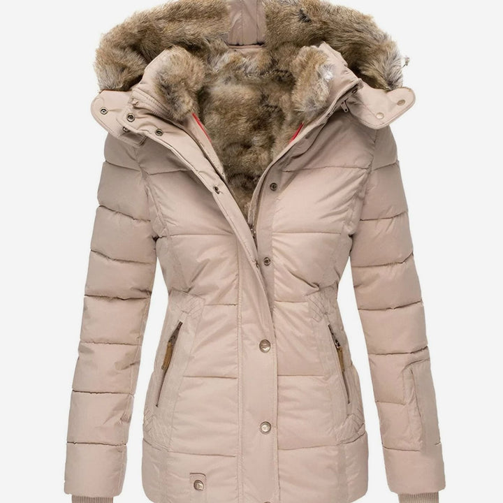 Damen Taillierte Steppjacke mit Kapuze Kunstfellkragen - Beige