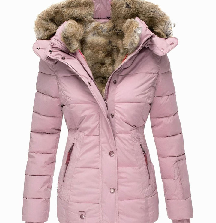 Damen Taillierte Steppjacke mit Kapuze Kunstfellkragen - Rosa