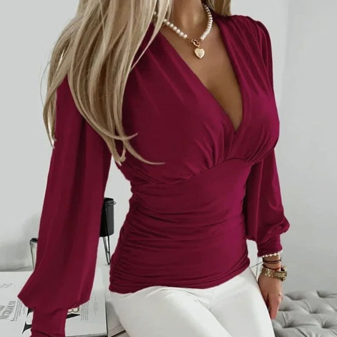 Damen Taillierte V-Ausschnitt Bluse mit Puffärmeln und Schleife - Burgunderrot
