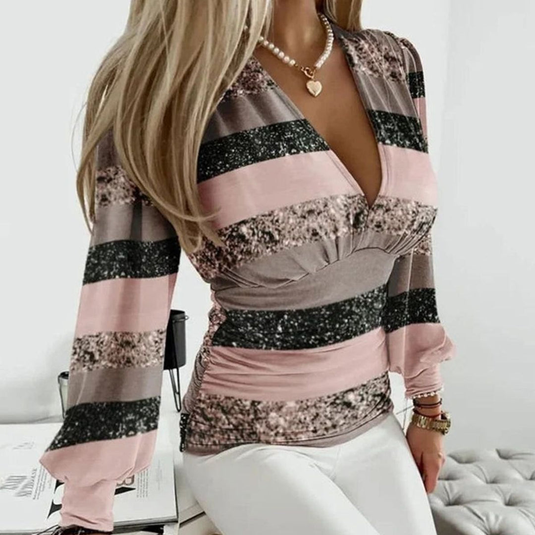 Damen Taillierte V-Ausschnitt Bluse mit Puffärmeln und Schleife - Rosa-Schwarze Streifen