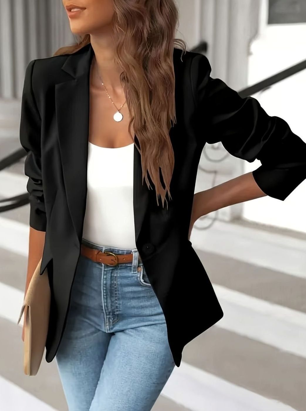 Damen Taillierter Einknopf-Blazer für Freizeitlook - Schwarz