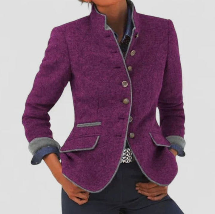 Damen Taillierter Stehkragen-Blazer mit Knopfleiste und Kontrastpaspeln - Lila