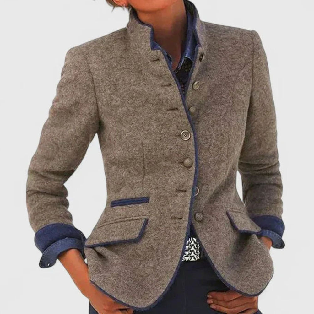 Damen Taillierter Stehkragen-Blazer mit Knopfleiste und Kontrastpaspeln - Karamell