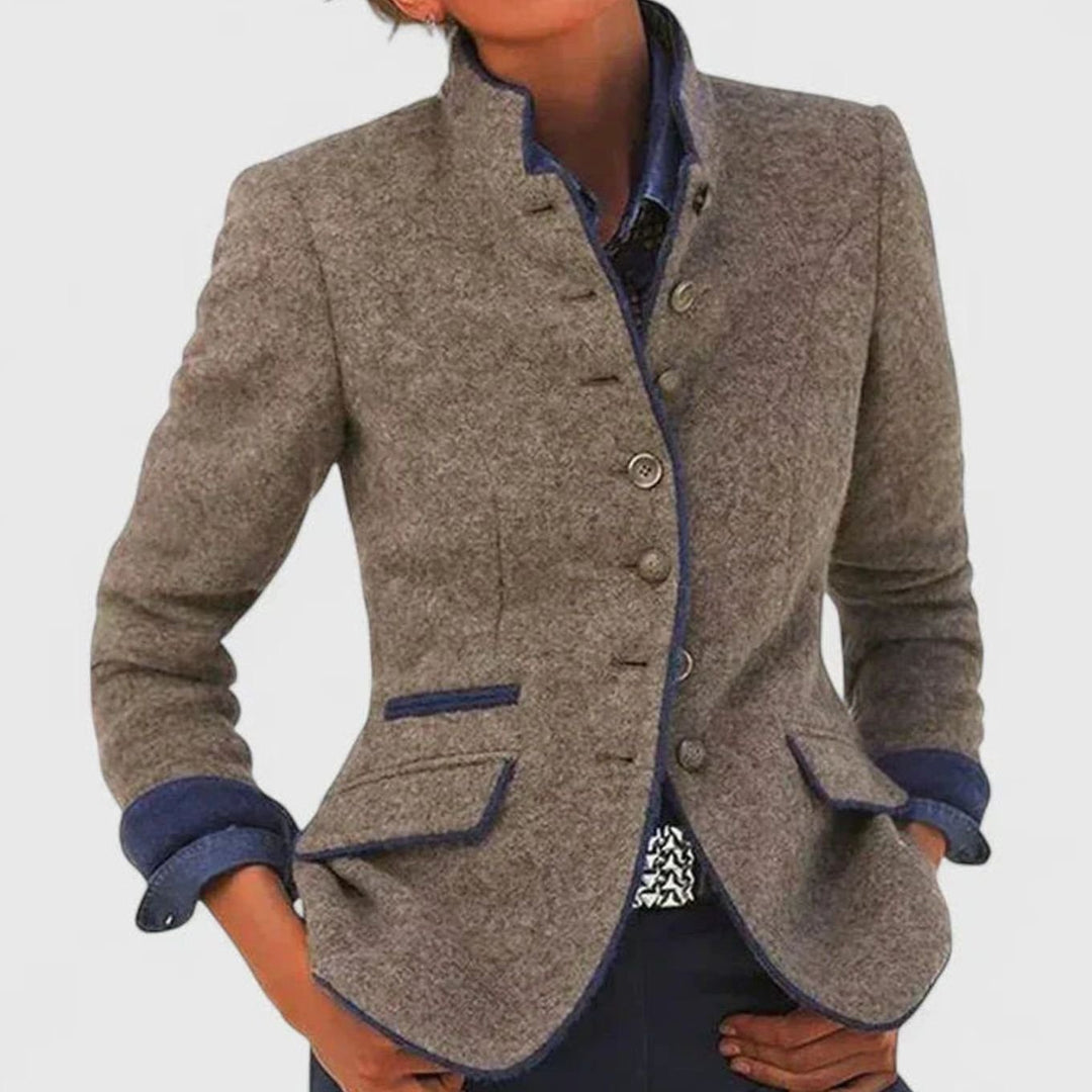 Damen Taillierter Stehkragen-Blazer mit Knopfleiste und Kontrastpaspeln - Karamell