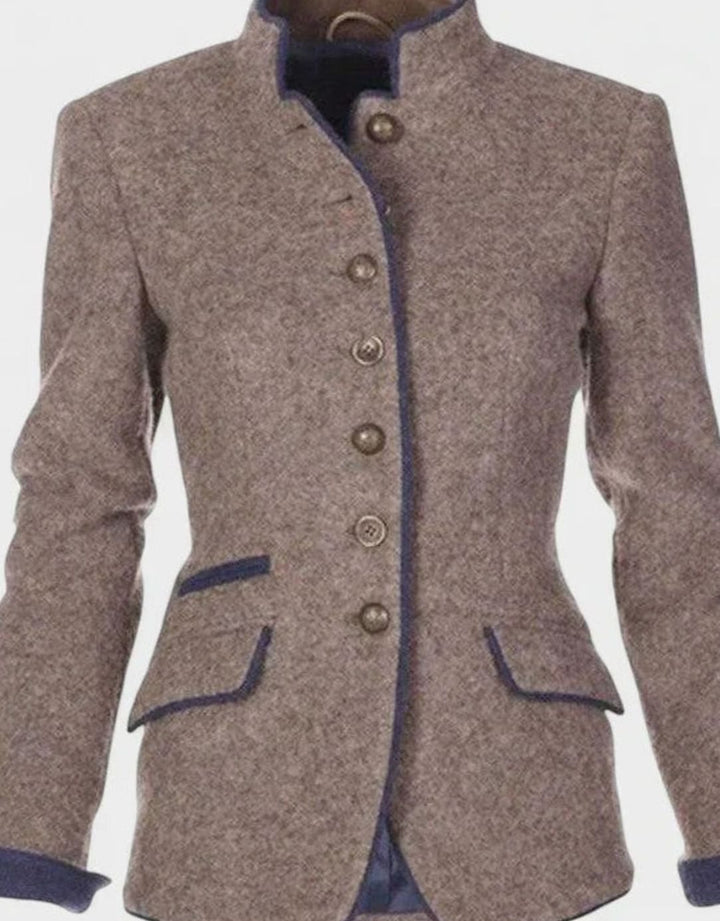 Damen Taillierter Stehkragen-Blazer mit Knopfleiste und Kontrastpaspeln