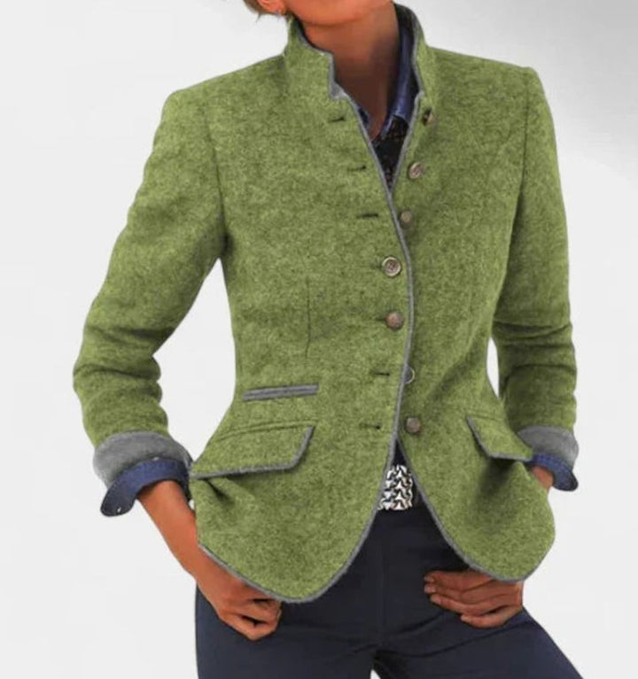 Damen Taillierter Stehkragen-Blazer mit Knopfleiste und Kontrastpaspeln - Grün