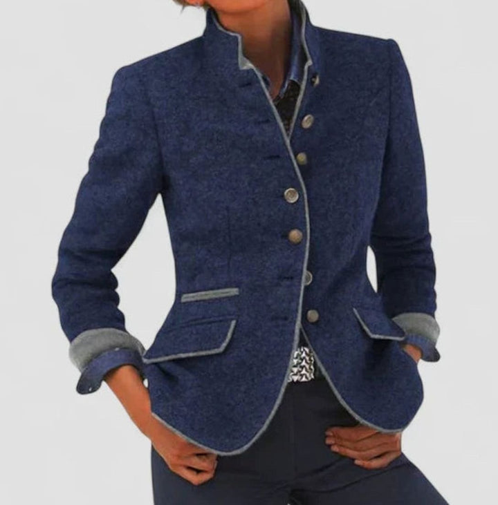 Damen Taillierter Stehkragen-Blazer mit Knopfleiste und Kontrastpaspeln - Blau