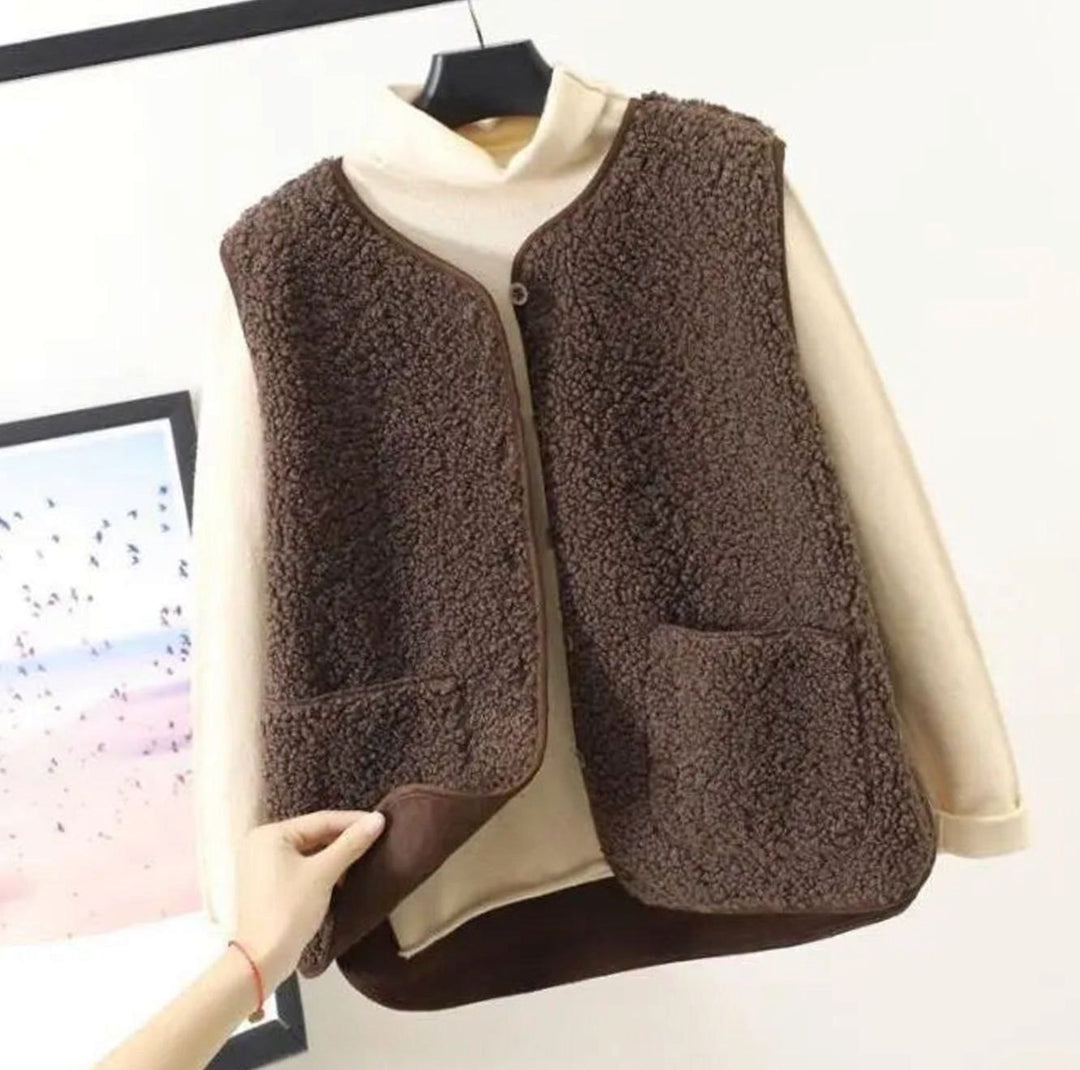 Damen Teddyfleece Ärmellose Weste Warm Gefüttert - Dunkelkhaki