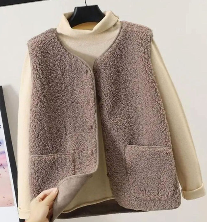 Damen Teddyfleece Ärmellose Weste Warm Gefüttert - Hellkhaki