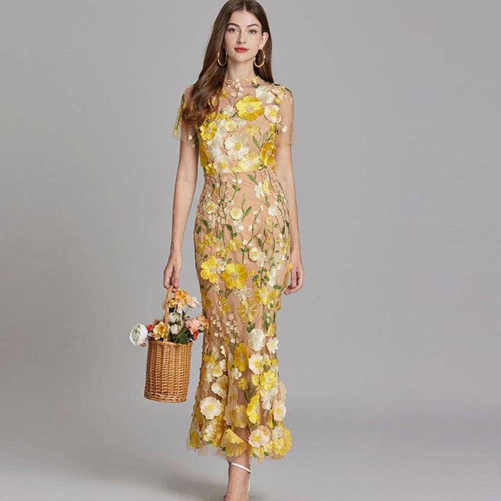 Damen Transparentes Maxikleid mit Blumenstickerei Figurbetontes Abendkleid - Gelb