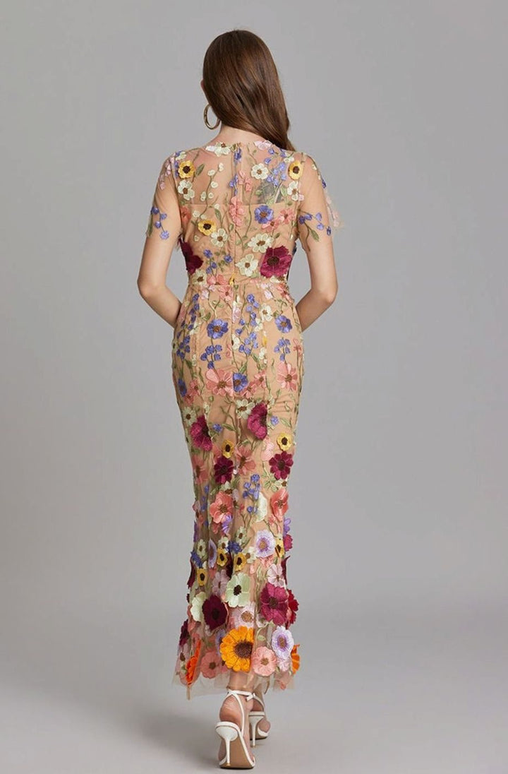 Damen Transparentes Maxikleid mit Blumenstickerei Figurbetontes Abendkleid