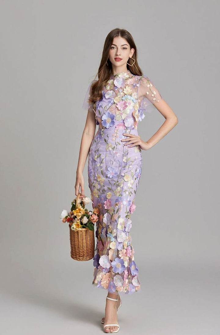 Damen Transparentes Maxikleid mit Blumenstickerei Figurbetontes Abendkleid