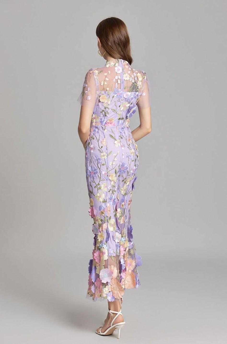 Damen Transparentes Maxikleid mit Blumenstickerei Figurbetontes Abendkleid