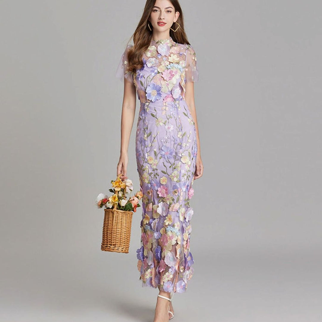 Damen Transparentes Maxikleid mit Blumenstickerei Figurbetontes Abendkleid - Lila