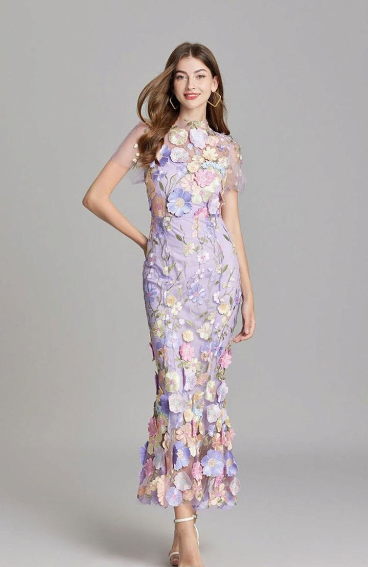 Damen Transparentes Maxikleid mit Blumenstickerei Figurbetontes Abendkleid