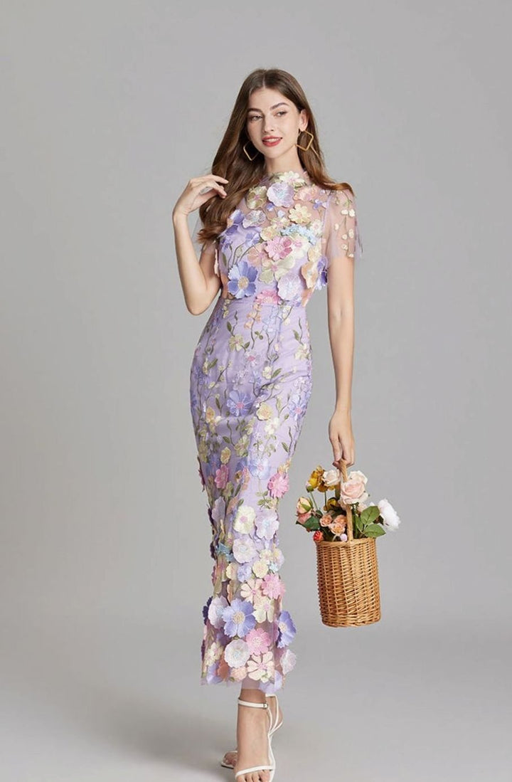 Damen Transparentes Maxikleid mit Blumenstickerei Figurbetontes Abendkleid