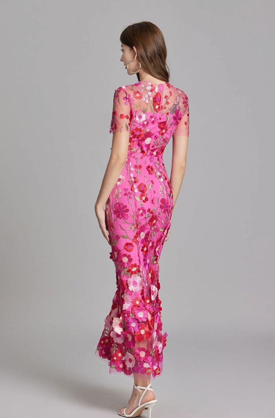 Damen Transparentes Maxikleid mit Blumenstickerei Figurbetontes Abendkleid