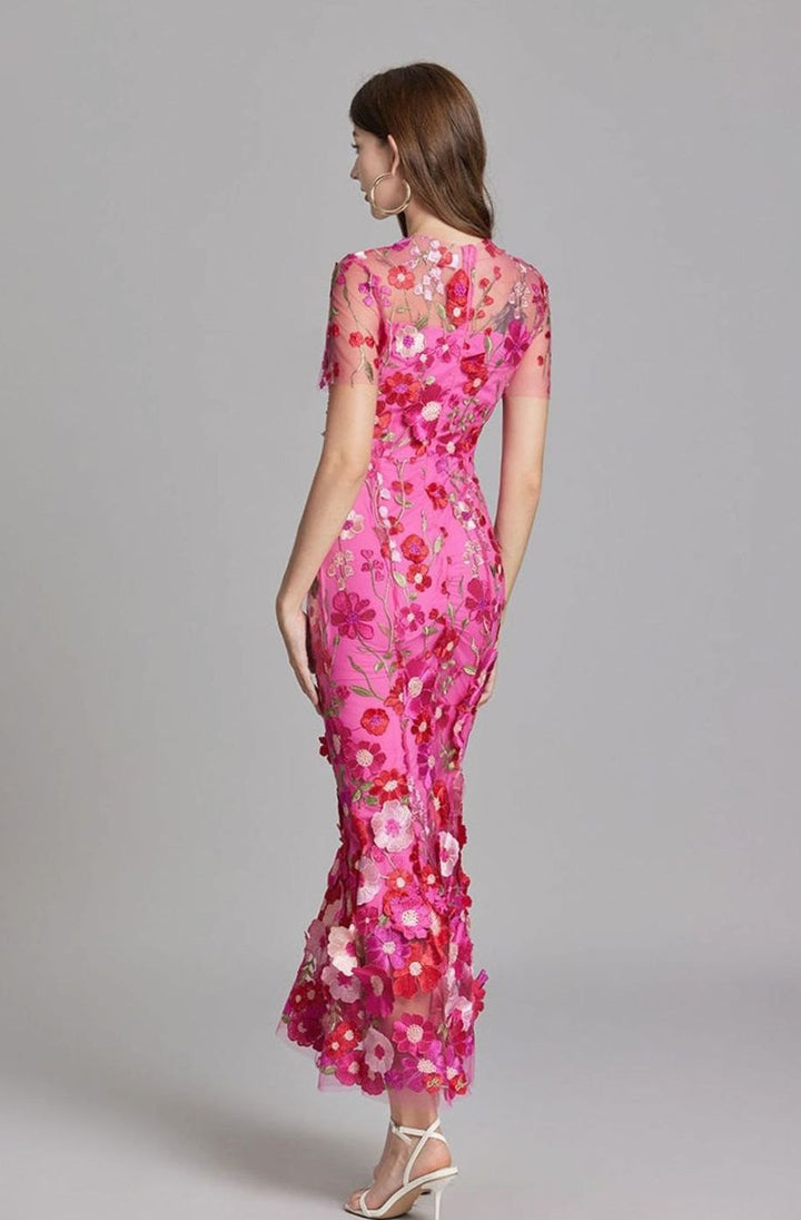 Damen Transparentes Maxikleid mit Blumenstickerei Figurbetontes Abendkleid