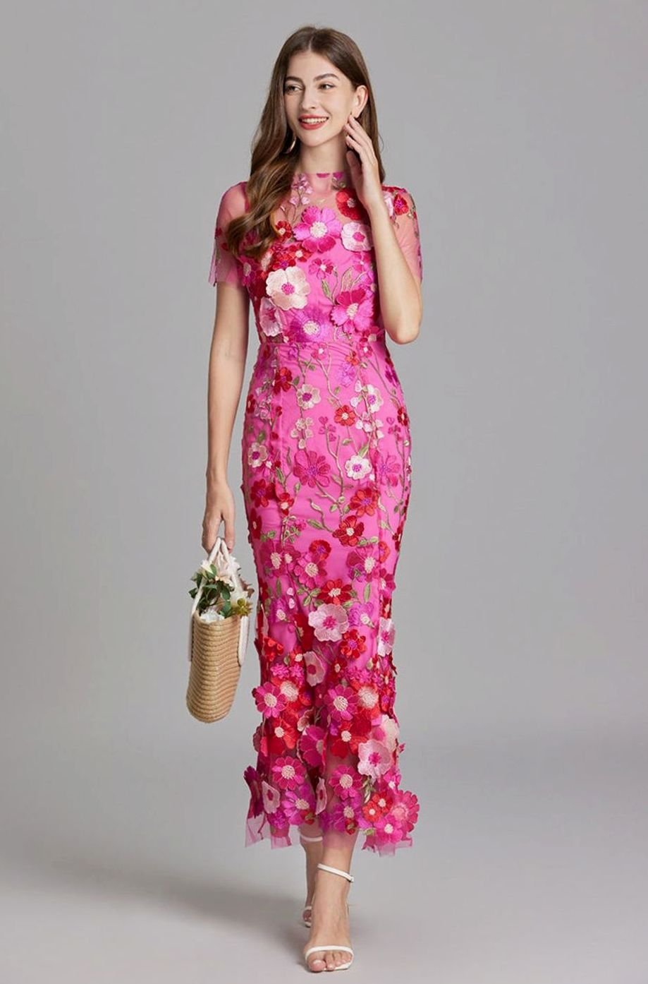 Damen Transparentes Maxikleid mit Blumenstickerei Figurbetontes Abendkleid