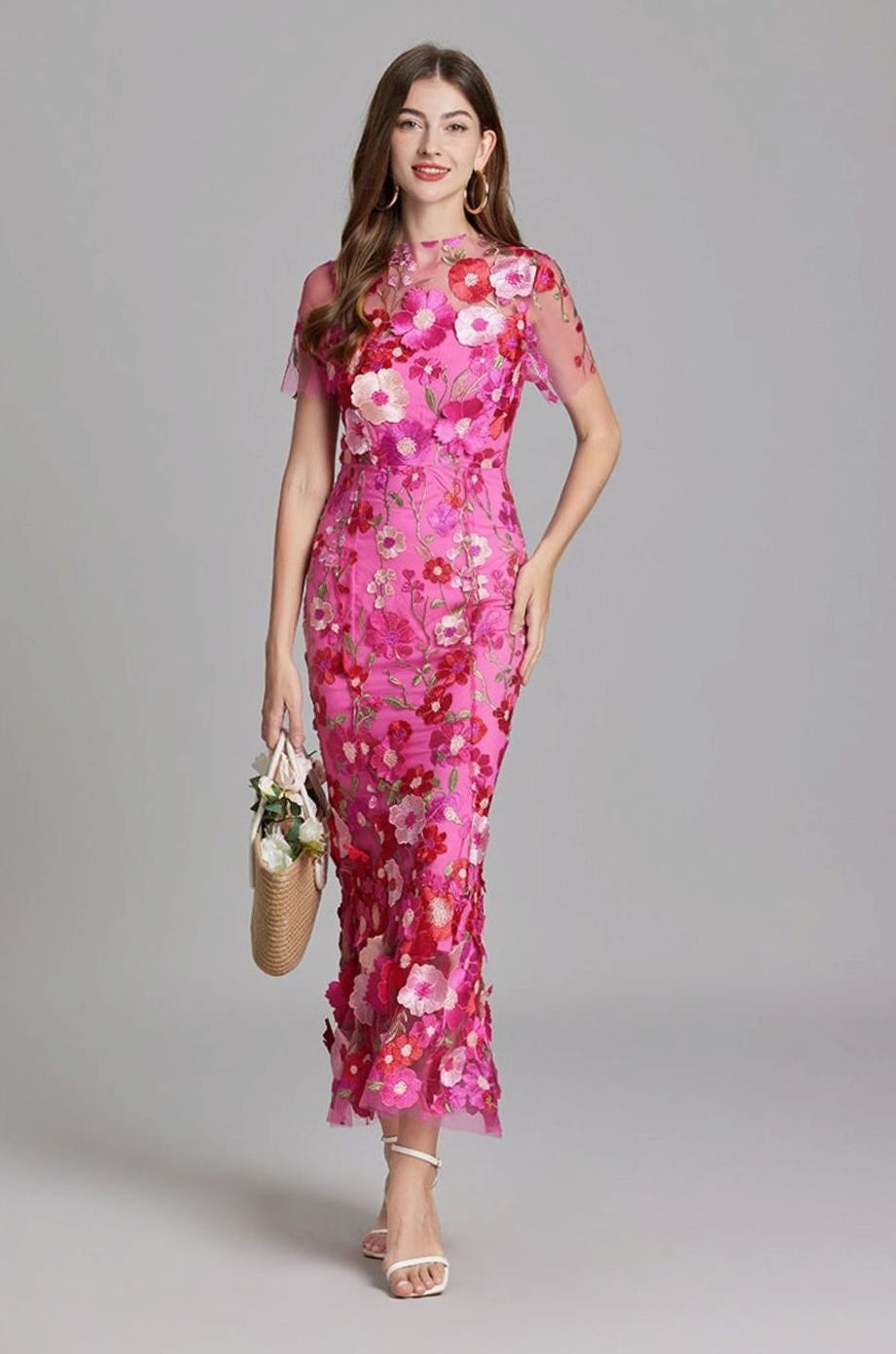 Damen Transparentes Maxikleid mit Blumenstickerei Figurbetontes Abendkleid