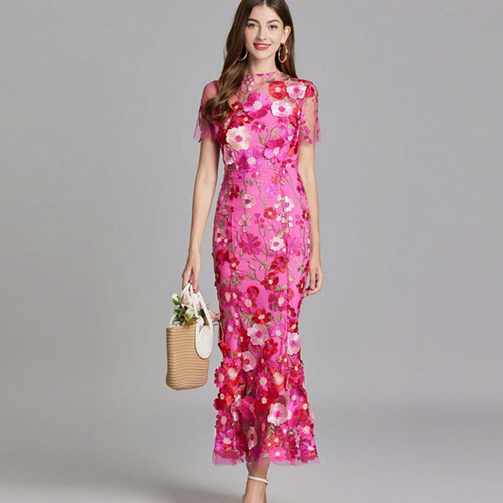 Damen Transparentes Maxikleid mit Blumenstickerei Figurbetontes Abendkleid - Dunkelrosa