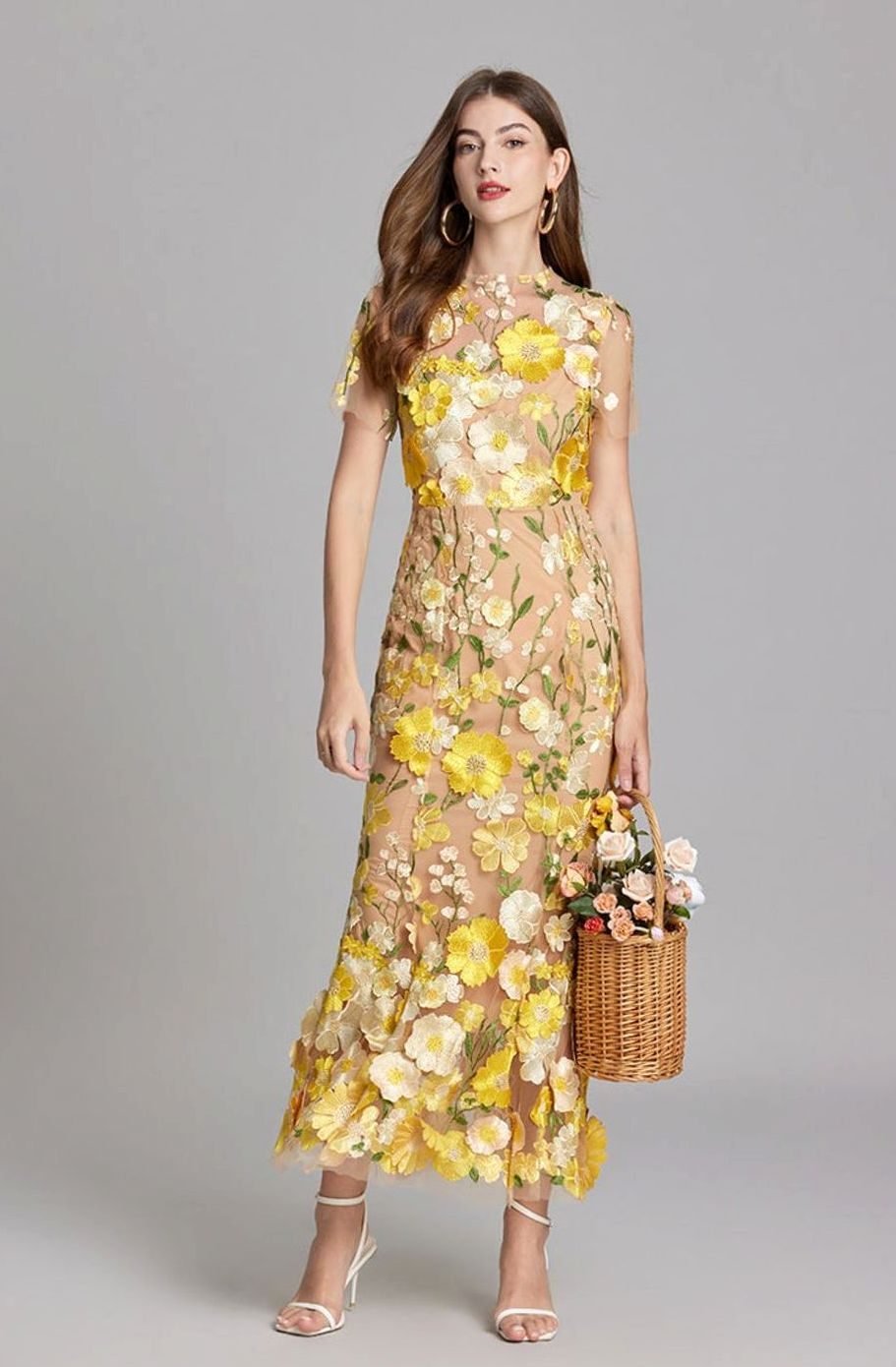 Damen Transparentes Maxikleid mit Blumenstickerei Figurbetontes Abendkleid