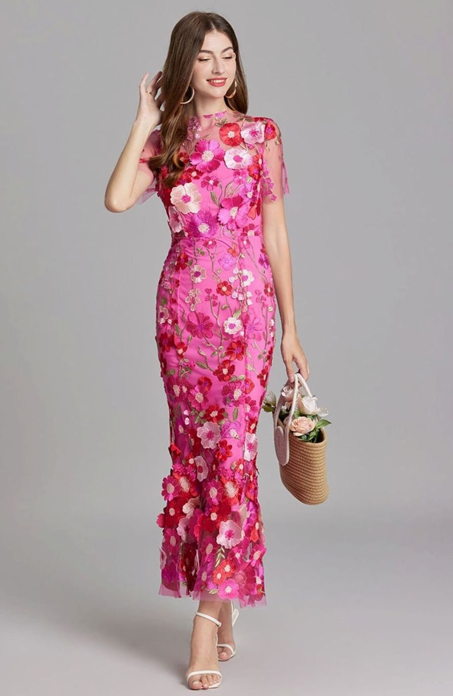Damen Transparentes Maxikleid mit Blumenstickerei Figurbetontes Abendkleid