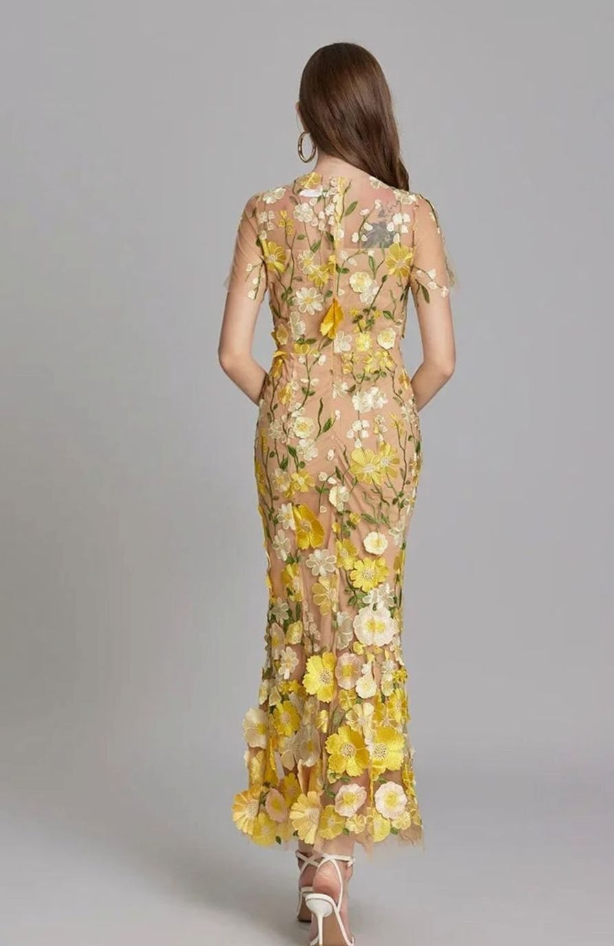 Damen Transparentes Maxikleid mit Blumenstickerei Figurbetontes Abendkleid