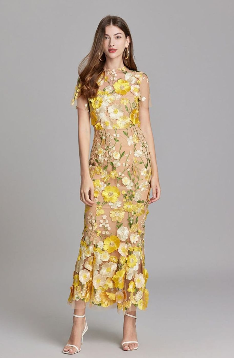 Damen Transparentes Maxikleid mit Blumenstickerei Figurbetontes Abendkleid