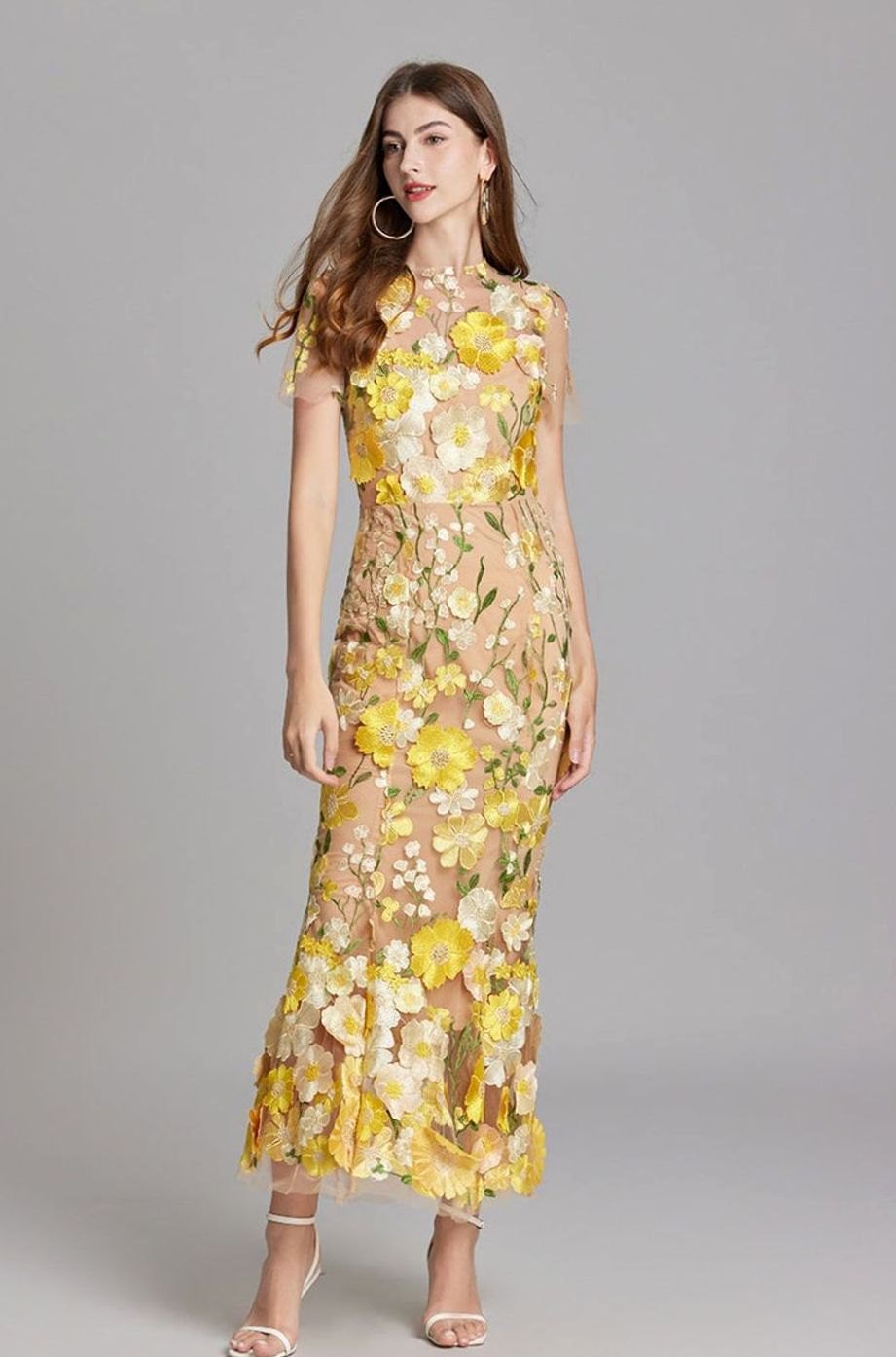 Damen Transparentes Maxikleid mit Blumenstickerei Figurbetontes Abendkleid