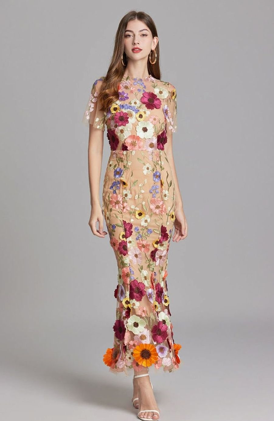 Damen Transparentes Maxikleid mit Blumenstickerei Figurbetontes Abendkleid
