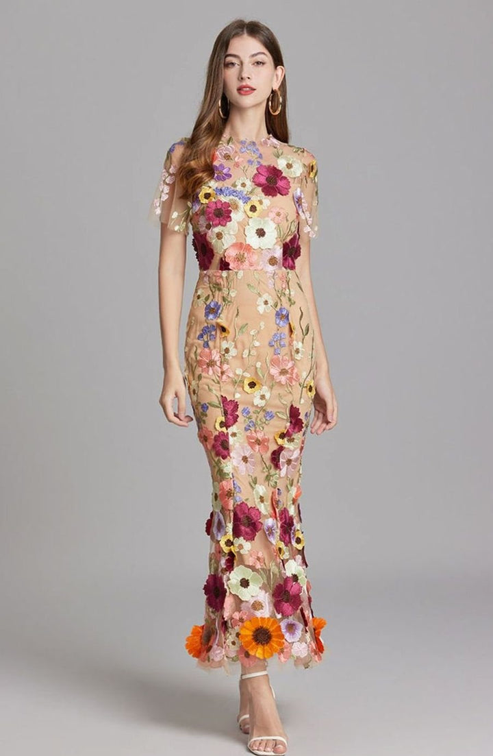 Damen Transparentes Maxikleid mit Blumenstickerei Figurbetontes Abendkleid