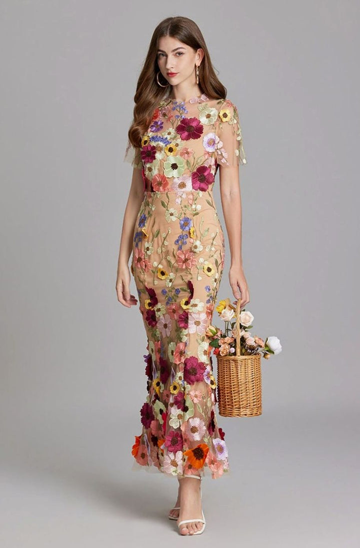Damen Transparentes Maxikleid mit Blumenstickerei Figurbetontes Abendkleid