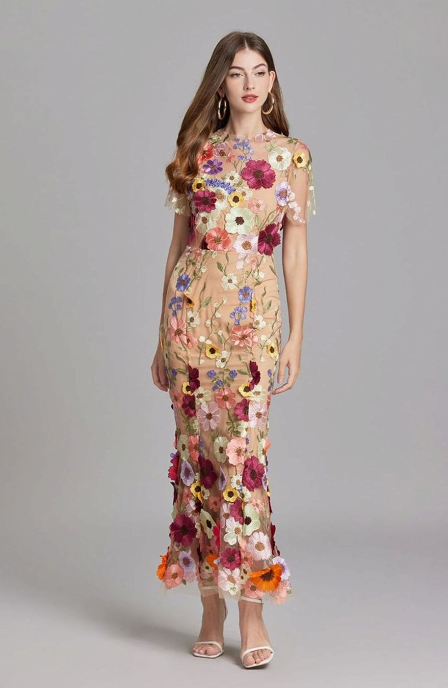 Damen Transparentes Maxikleid mit Blumenstickerei Figurbetontes Abendkleid