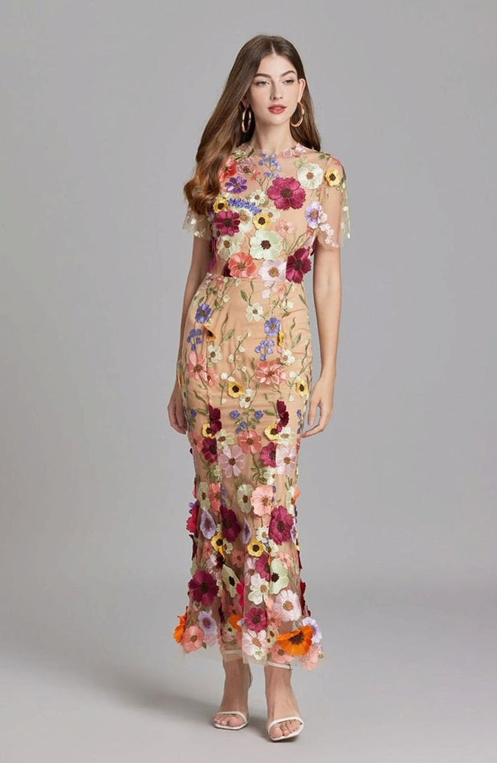 Damen Transparentes Maxikleid mit Blumenstickerei Figurbetontes Abendkleid