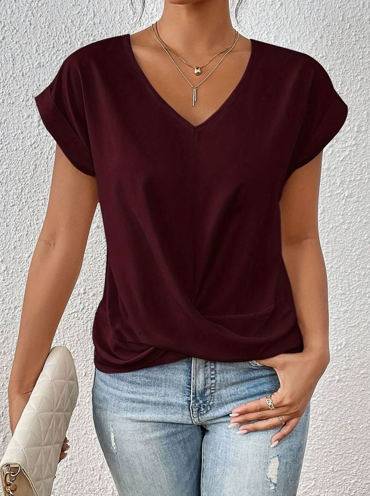 Damen V-Ausschnitt Kurzarm-Bluse mit leichter Stretch Wickeloptik - Burgund