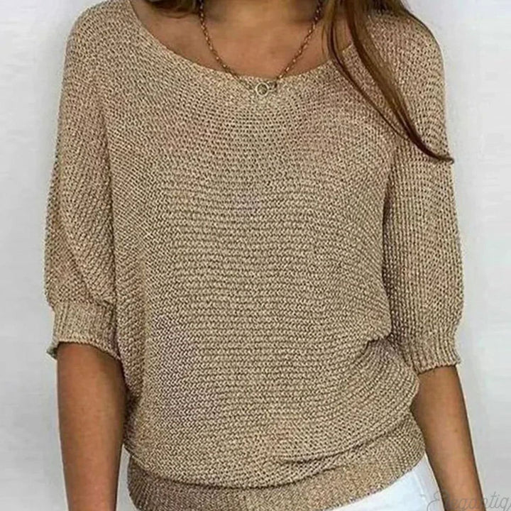 Damen weicher Strick Pullover mit Strickmuster Halbarm Rundhals - Beige