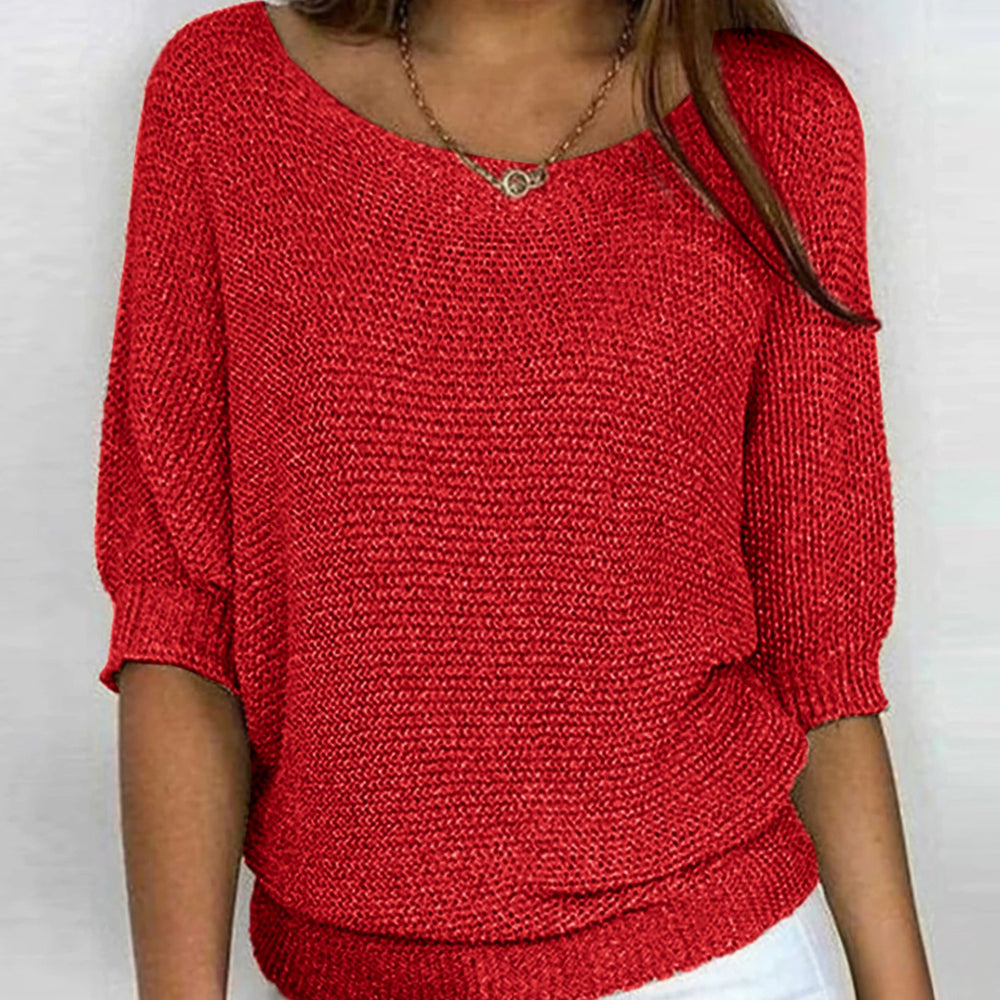 Damen weicher Strick Pullover mit Strickmuster Halbarm Rundhals - Rot
