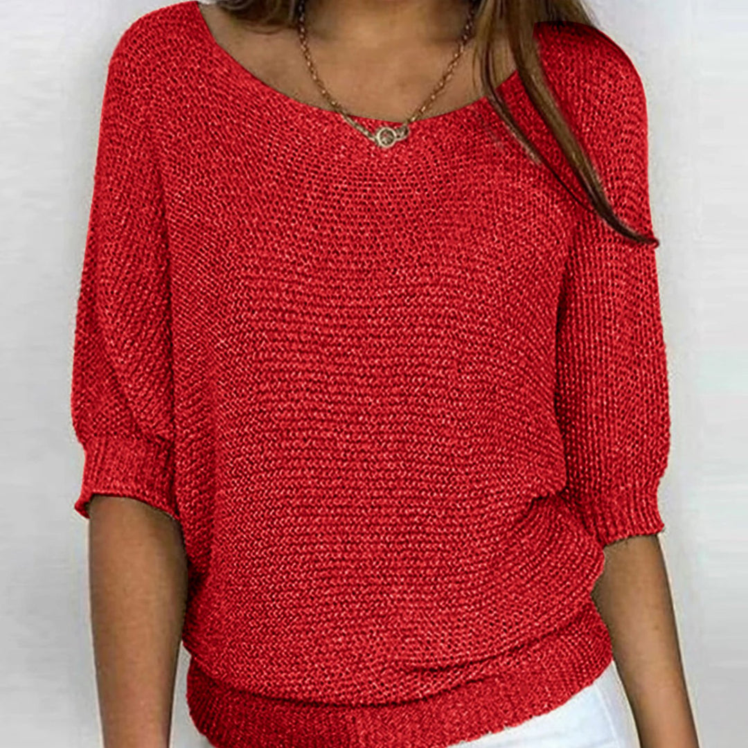 Damen weicher Strick Pullover mit Strickmuster Halbarm Rundhals - Rot