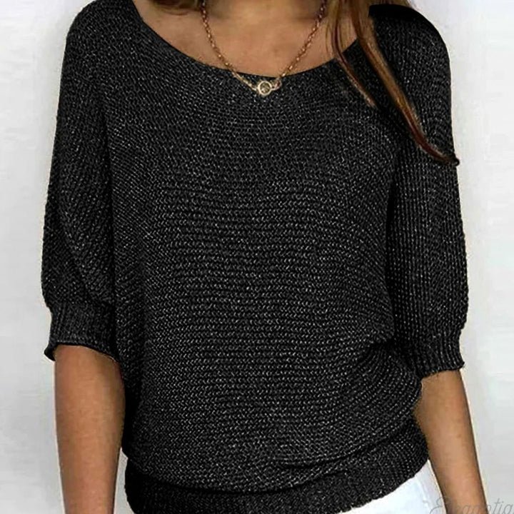 Damen weicher Strick Pullover mit Strickmuster Halbarm Rundhals - Schwarz