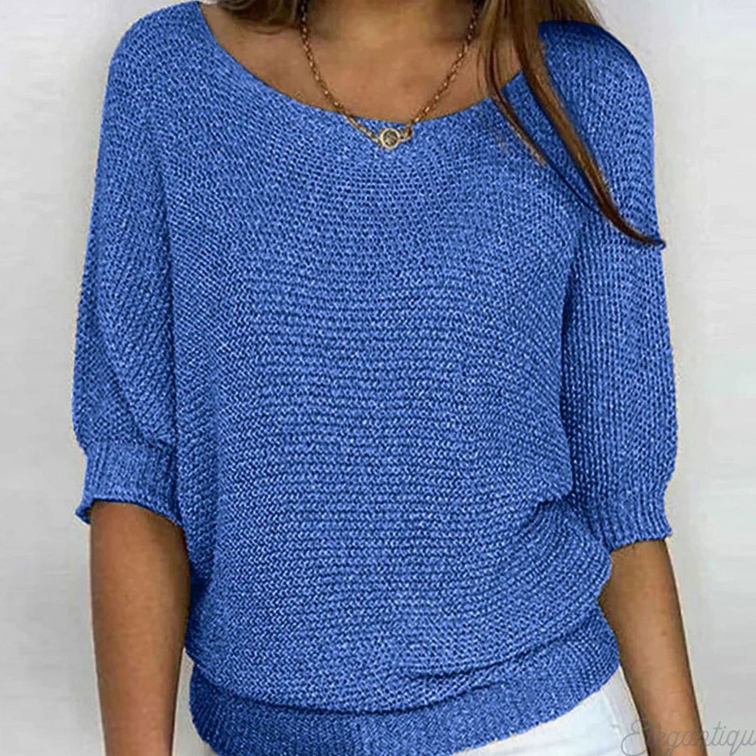 Damen weicher Strick Pullover mit Strickmuster Halbarm Rundhals - Blau